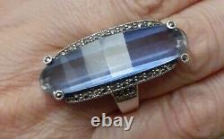 Vintage Sterling Silver Blue Crystal Glass Marcasite Elongated Ring Size 8 925