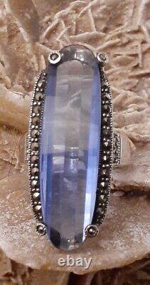 Vintage Sterling Silver Blue Crystal Glass Marcasite Elongated Ring Size 8 925