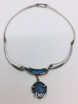 Vintage Sterling Silver Blue Iridescent Glass Stick Figure Modernist Necklace