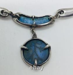 Vintage Sterling Silver Blue Iridescent Glass Stick Figure Modernist Necklace