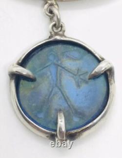 Vintage Sterling Silver Blue Iridescent Glass Stick Figure Modernist Necklace