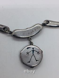 Vintage Sterling Silver Blue Iridescent Glass Stick Figure Modernist Necklace