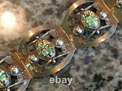 Vintage Sterling Silver Bracelet Fire Opal Foil Art Glass Made in Taxco Mexico