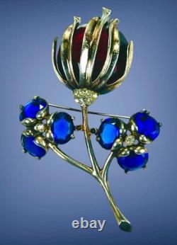 Vintage Sterling Silver Brooch Pin Faceted Red Blue Glass Floral Rhinestone READ