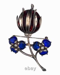 Vintage Sterling Silver Brooch Pin Faceted Red Blue Glass Floral Rhinestone READ