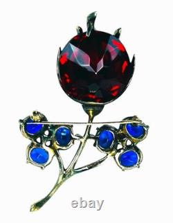 Vintage Sterling Silver Brooch Pin Faceted Red Blue Glass Floral Rhinestone READ