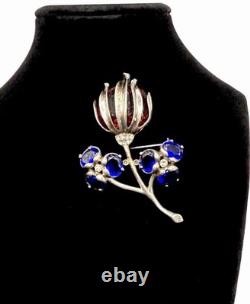 Vintage Sterling Silver Brooch Pin Faceted Red Blue Glass Floral Rhinestone READ