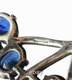 Vintage Sterling Silver Brooch Pin Faceted Red Blue Glass Floral Rhinestone READ