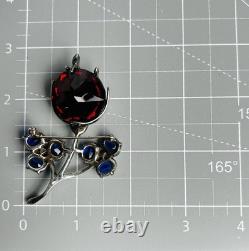 Vintage Sterling Silver Brooch Pin Faceted Red Blue Glass Floral Rhinestone READ