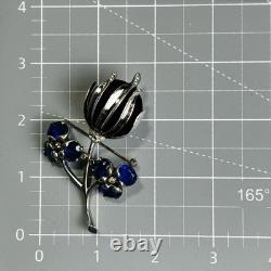 Vintage Sterling Silver Brooch Pin Faceted Red Blue Glass Floral Rhinestone READ