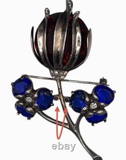 Vintage Sterling Silver Brooch Pin Faceted Red Blue Glass Floral Rhinestone READ