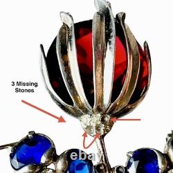 Vintage Sterling Silver Brooch Pin Faceted Red Blue Glass Floral Rhinestone READ