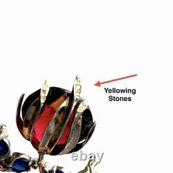 Vintage Sterling Silver Brooch Pin Faceted Red Blue Glass Floral Rhinestone READ