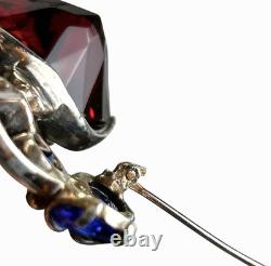 Vintage Sterling Silver Brooch Pin Faceted Red Blue Glass Floral Rhinestone READ