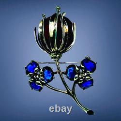 Vintage Sterling Silver Brooch Pin Faceted Red Blue Glass Floral Rhinestone READ