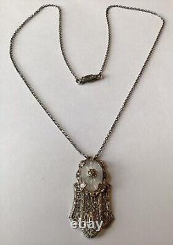 Vintage Sterling Silver Camphor Glass & Diamond Filigree Pendant Necklace