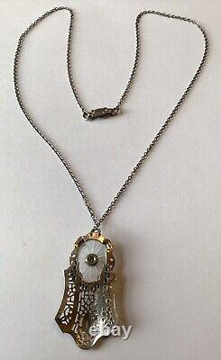 Vintage Sterling Silver Camphor Glass & Diamond Filigree Pendant Necklace