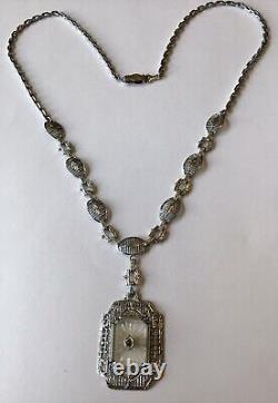 Vintage Sterling Silver Camphor Glass Filigree Pendant Necklace Q1