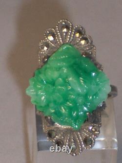 Vintage Sterling Silver Carved Peking Glass & Marcasite Ring Flowers Size 4.75