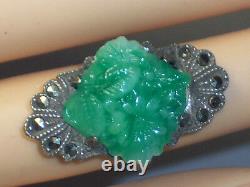 Vintage Sterling Silver Carved Peking Glass & Marcasite Ring Flowers Size 4.75