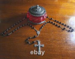 Vintage Sterling Silver Celluloid Bead Rosary & Vtg Red Moroccan Blown Glass Box Vintage Sterling Silver Celluloid Bead Rosary & Vtg Red Moroccan Blown Glass Box