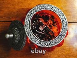 Vintage Sterling Silver Celluloid Bead Rosary & Vtg Red Moroccan Blown Glass Box
