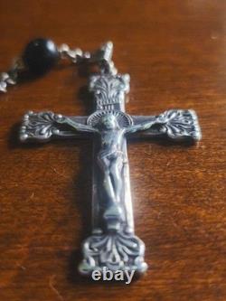 Vintage Sterling Silver Celluloid Bead Rosary & Vtg Red Moroccan Blown Glass Box