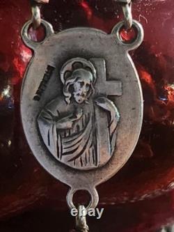 Vintage Sterling Silver Celluloid Bead Rosary & Vtg Red Moroccan Blown Glass Box