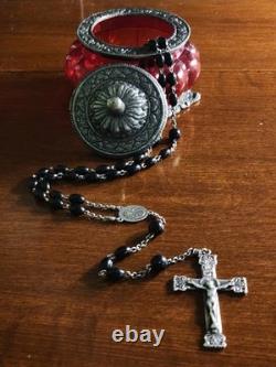 Vintage Sterling Silver Celluloid Bead Rosary & Vtg Red Moroccan Blown Glass Box