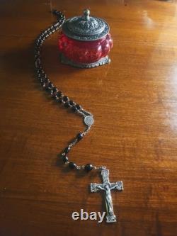 Vintage Sterling Silver Celluloid Bead Rosary & Vtg Red Moroccan Blown Glass Box