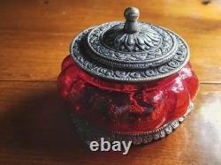 Vintage Sterling Silver Celluloid Bead Rosary & Vtg Red Moroccan Blown Glass Box