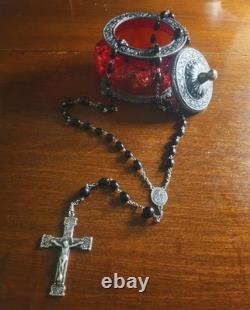 Vintage Sterling Silver Celluloid Bead Rosary & Vtg Red Moroccan Blown Glass Box