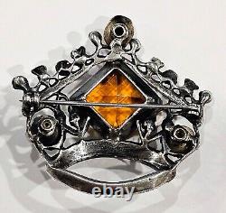 Vintage Sterling Silver Crown Brooch With Glass Stones Signed Sterling 12.9 Gram