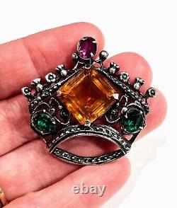 Vintage Sterling Silver Crown Brooch With Glass Stones Signed Sterling 12.9 Gram