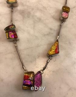 Vintage Sterling Silver Dichroic Art Glass Necklace