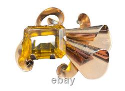 Vintage Sterling Silver & Faceted Citrine Glass Brooch Modernist Pronged Pin