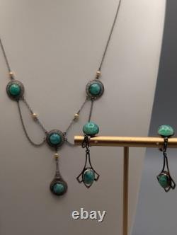 Vintage Sterling Silver Festoon Necklace Earrings Mottled Green Art Glass