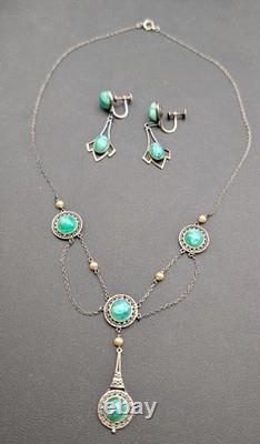 Vintage Sterling Silver Festoon Necklace Earrings Mottled Green Art Glass