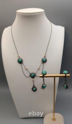 Vintage Sterling Silver Festoon Necklace Earrings Mottled Green Art Glass