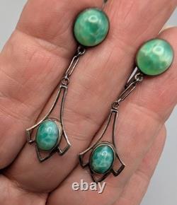 Vintage Sterling Silver Festoon Necklace Earrings Mottled Green Art Glass