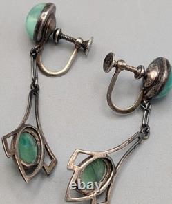 Vintage Sterling Silver Festoon Necklace Earrings Mottled Green Art Glass