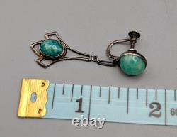 Vintage Sterling Silver Festoon Necklace Earrings Mottled Green Art Glass