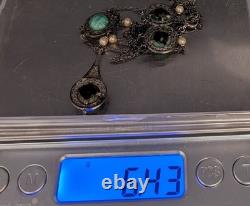 Vintage Sterling Silver Festoon Necklace Earrings Mottled Green Art Glass