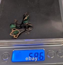 Vintage Sterling Silver Festoon Necklace Earrings Mottled Green Art Glass