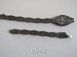Vintage Sterling Silver Filagree Bracelet with Center Glass & Crystal -needs pin