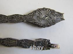 Vintage Sterling Silver Filagree Bracelet with Center Glass & Crystal -needs pin
