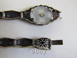 Vintage Sterling Silver Filagree Bracelet with Center Glass & Crystal -needs pin