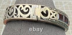 Vintage Sterling Silver Filigree Hinged Bracelet Red Glass Stones Art Deco Style