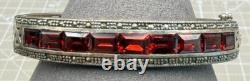 Vintage Sterling Silver Filigree Hinged Bracelet Red Glass Stones Art Deco Style