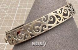 Vintage Sterling Silver Filigree Hinged Bracelet Red Glass Stones Art Deco Style